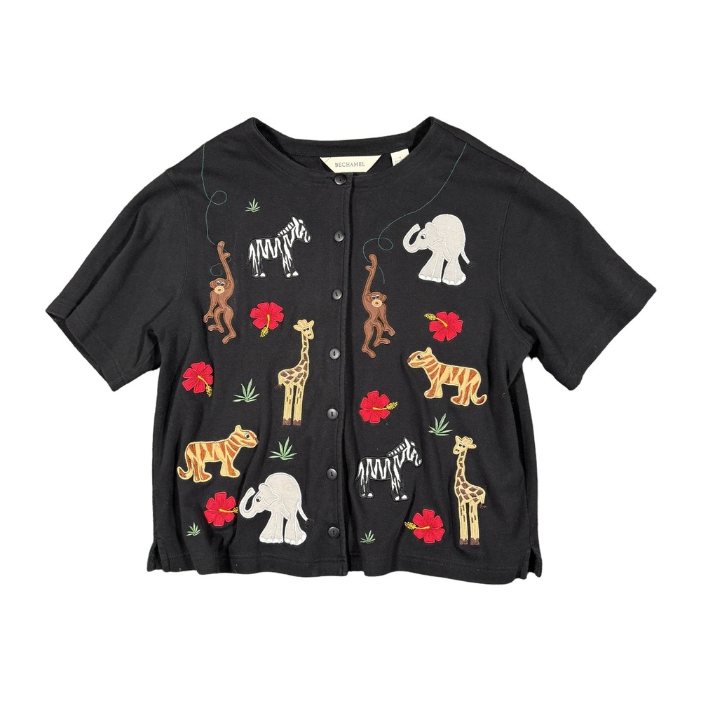 Bechamel Womens Large Black Cotton Safari Animal Embroidered Cardigan Top